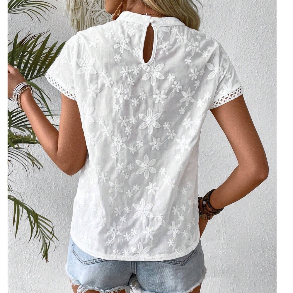 Boho Floral Embroidered Lace Short Sleeve Top - Picture 2 of 7